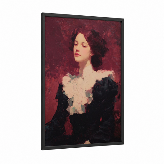 Crimson Elegance Portrait framed women's fashion print — black wood frame — maroon and black and white palette