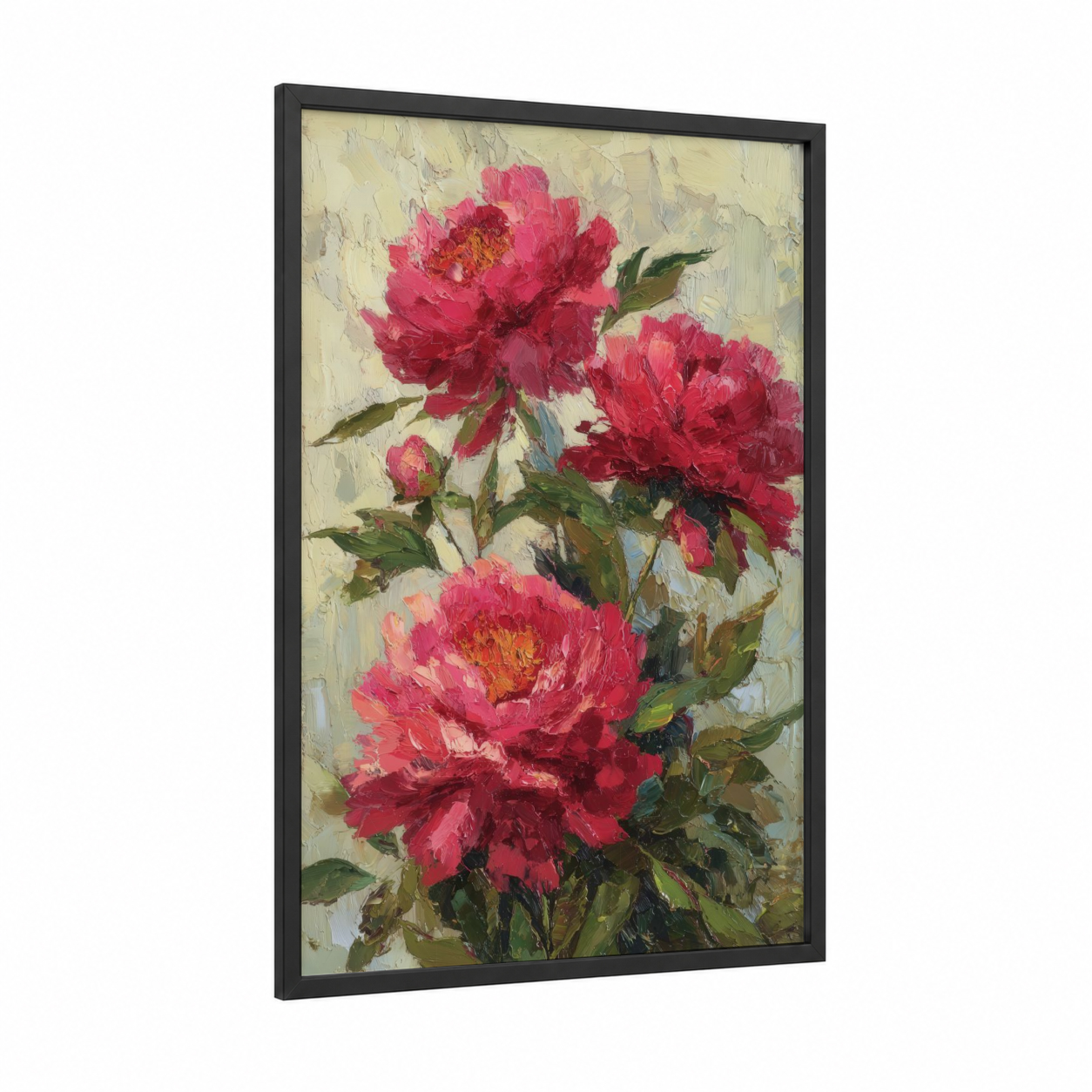 Crimson Peony Cluster framed art print — black wood frame — magenta and dark green palette