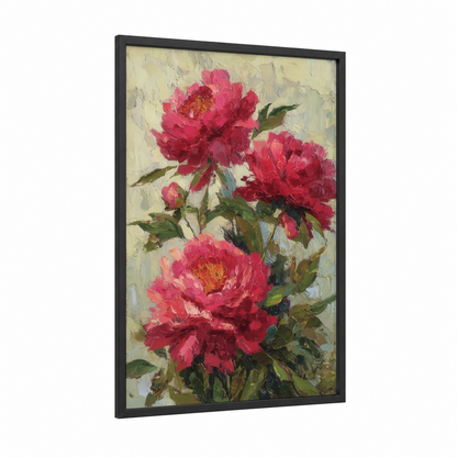 Crimson Peony Cluster framed art print — black wood frame — magenta and dark green palette