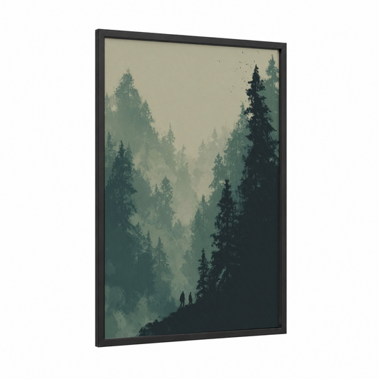 Misty Cedar Valley framed cedar forest print — black wood frame — sage green and dove gray palette