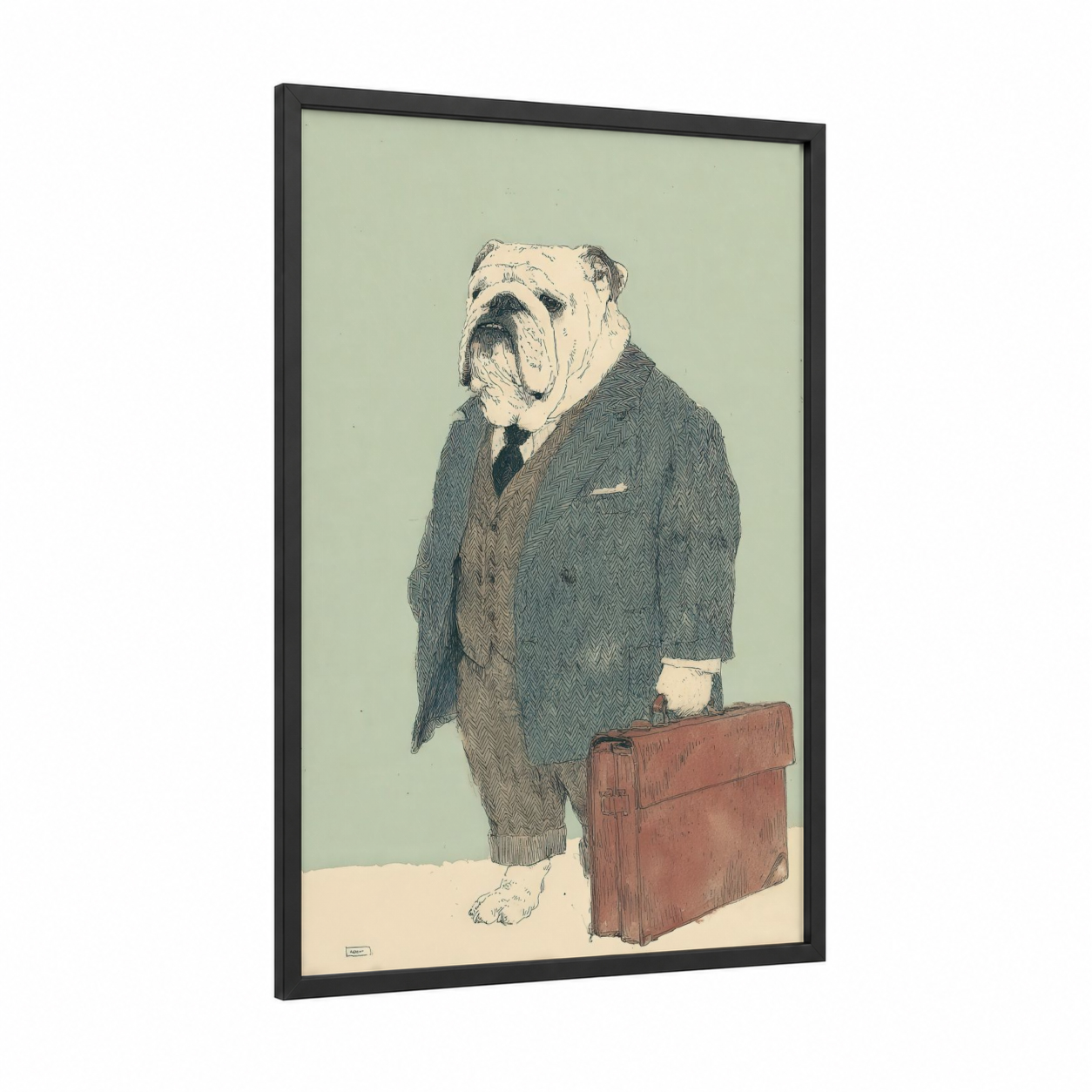 Dapper Bulldog framed fashion illustration print — black wood frame — sage green and russet palette
