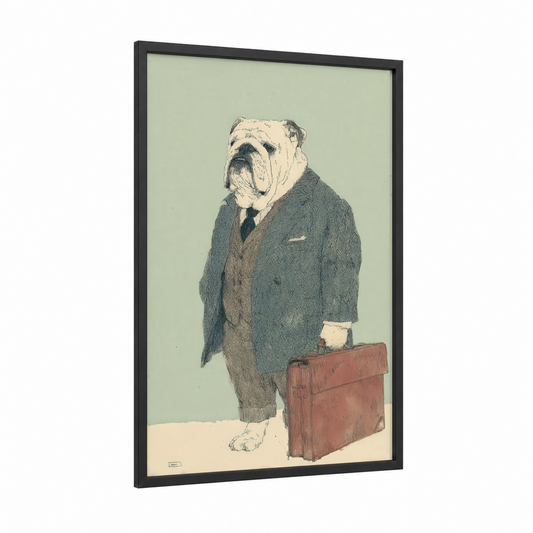 Dapper Bulldog framed fashion illustration print — black wood frame — sage green and russet palette