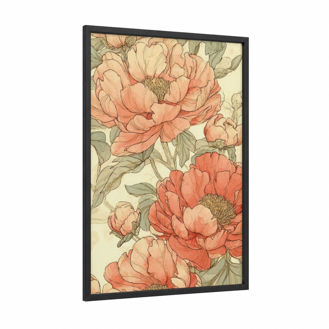 Peachy Peony Blooms framed art print — black wood frame — peach and sage green palette
