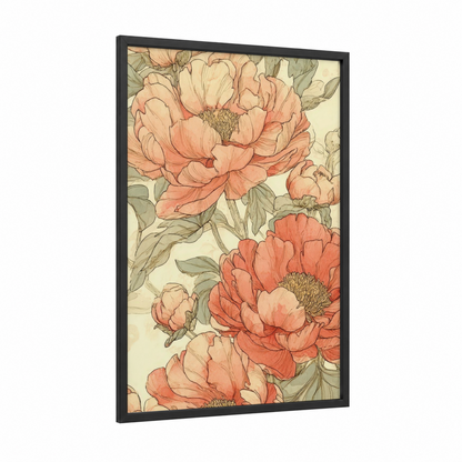 Peachy Peony Blooms framed art print — black wood frame — peach and sage green palette