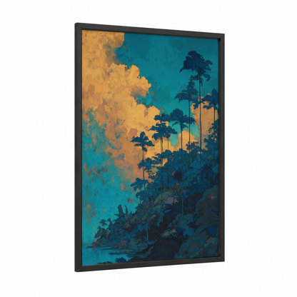Tropical Sunset Palms framed beach town print — black wood frame — gold and teal palette