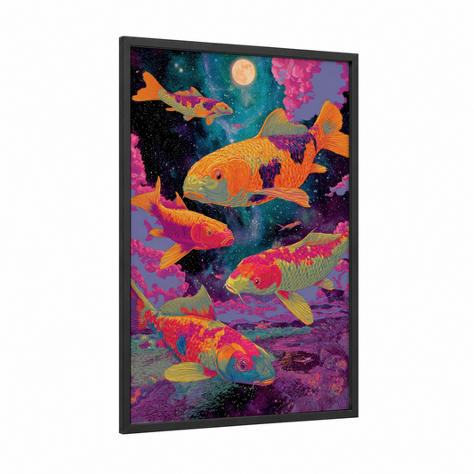 Psychedelic Koi framed japanese psychedelic print — black wood frame — magenta and gold palette
