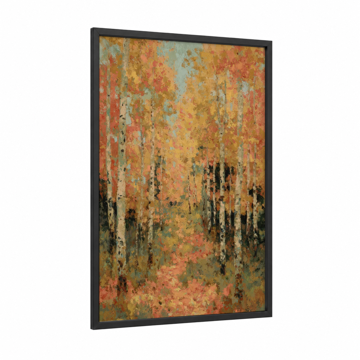 Autumn Aspen Forest framed art print — black wood frame — gold palette