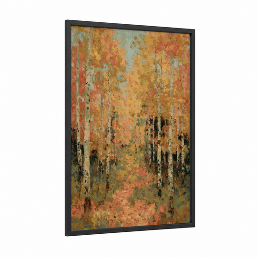 Autumn Aspen Forest framed art print — black wood frame — gold palette