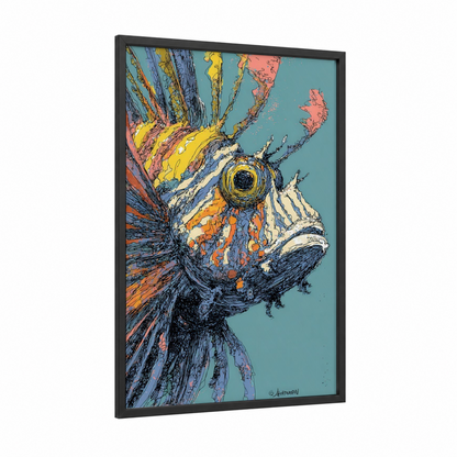 Golden Lionfish framed art print — black wood frame — gold and teal palette