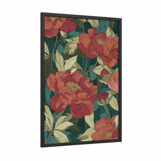 Crimson Peony Garden framed art print — black wood frame — teal palette