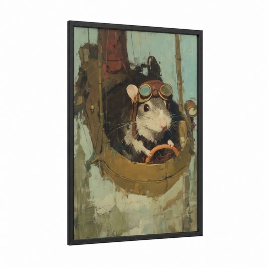 Steampunk Adventurer framed gerbil print — black wood frame — sage green and gold palette