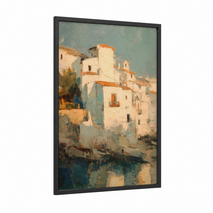 Waterfront Village framed beach town print — black wood frame — cream and teal palette
