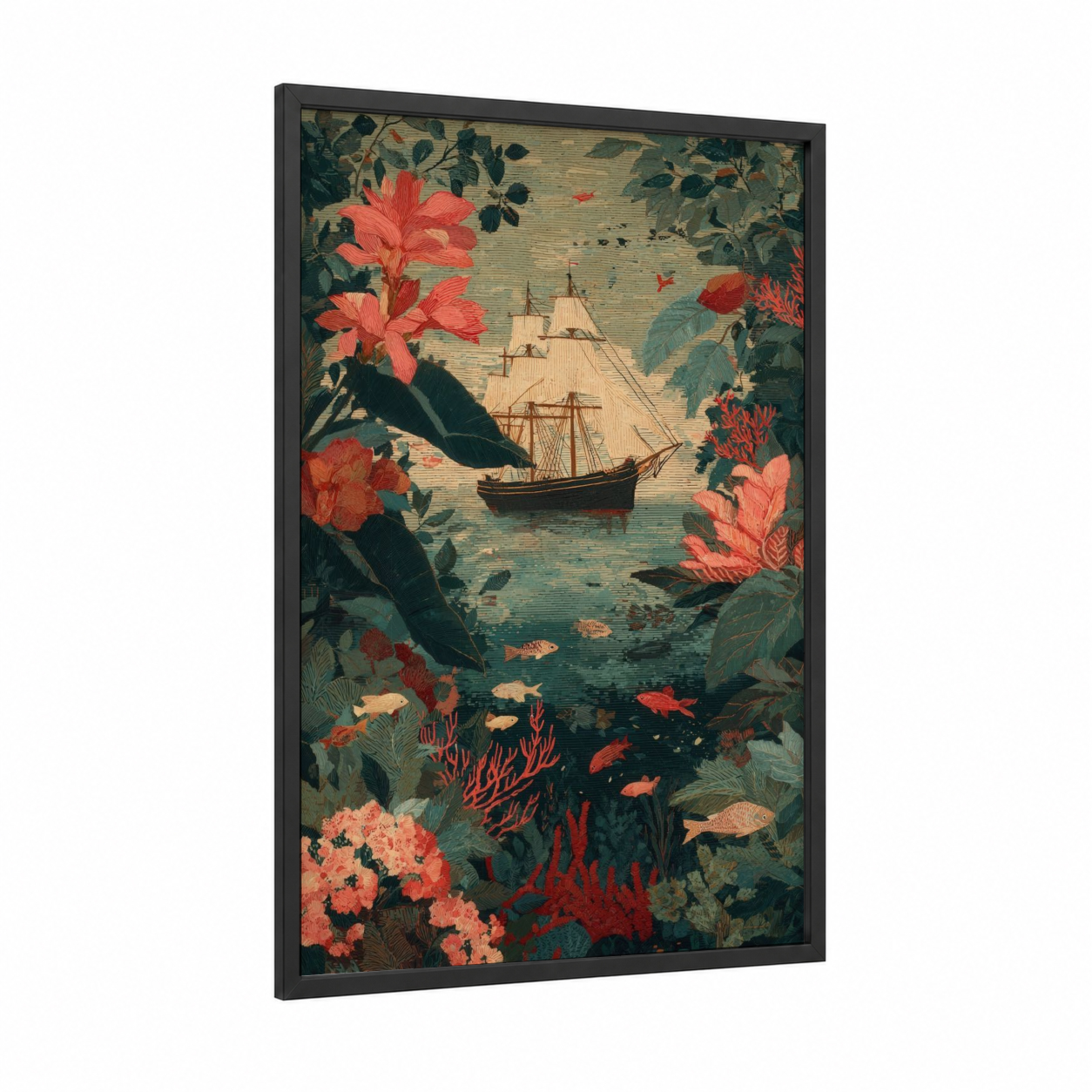 Botanical Sailing Ship framed art print — black wood frame — red and teal palette
