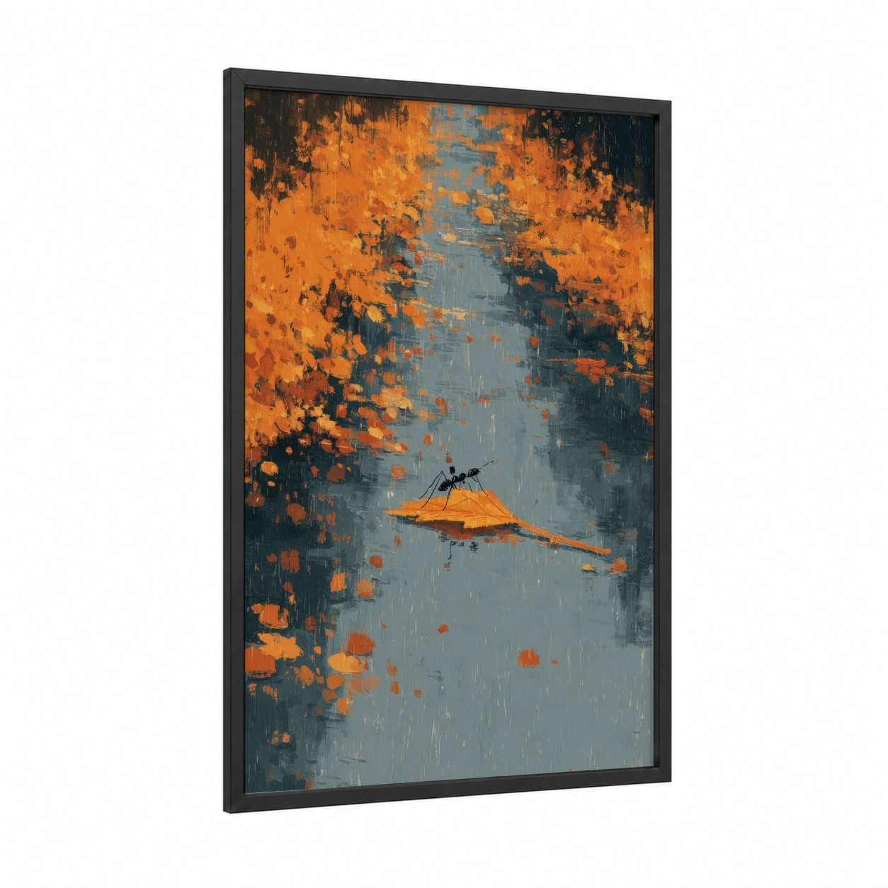 Golden Leaf Ant framed art print — black wood frame — orange and blue palette