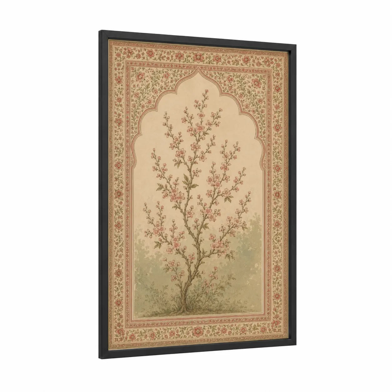Cherry Blossom Tree Ornate Wall Art framed flower print — black wood frame — peach and beige palette