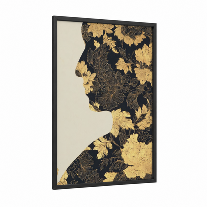 Golden Bloom Profile framed hindu holidays print — black wood frame — gold and white and black palette
