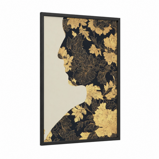 Golden Bloom Profile framed hindu holidays print — black wood frame — gold and white and black palette