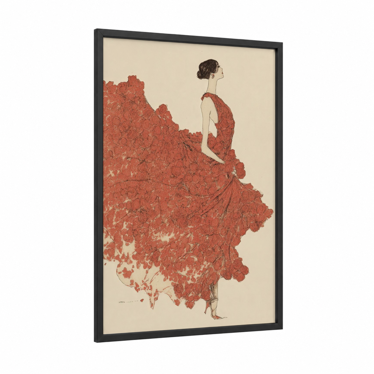 Rose Garden Portrait framed roses print — black wood frame — red and cream palette