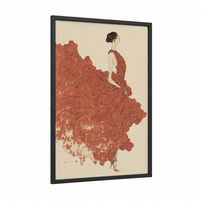 Rose Garden Portrait framed roses print — black wood frame — red and cream palette