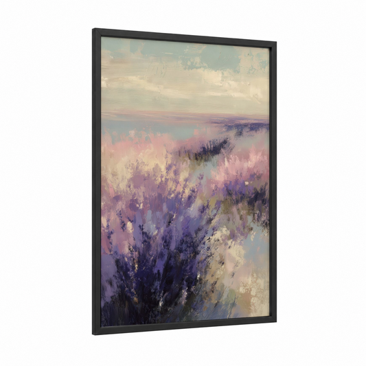 Lavender Dream Sunrise framed lavender field print — black wood frame — lavender and cream palette