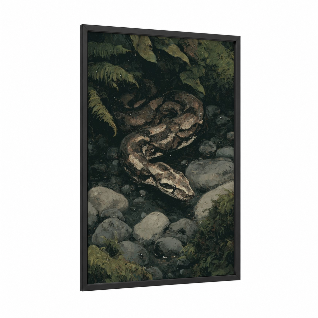 Forest Boa Coiled framed boa constrictor print — black wood frame — olive and gray palette