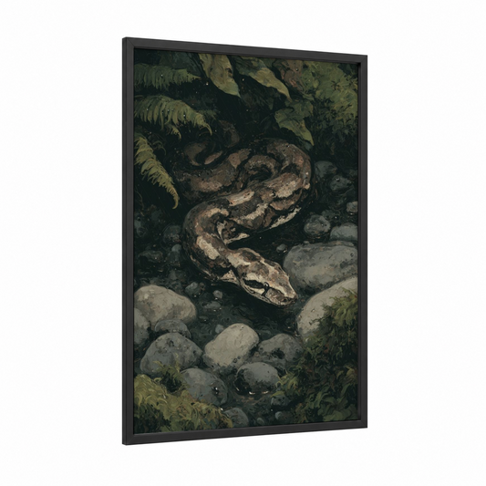 Forest Boa Coiled framed boa constrictor print — black wood frame — olive and gray palette