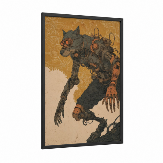 Steampunk Werewolf framed art print — black wood frame — gold and black palette