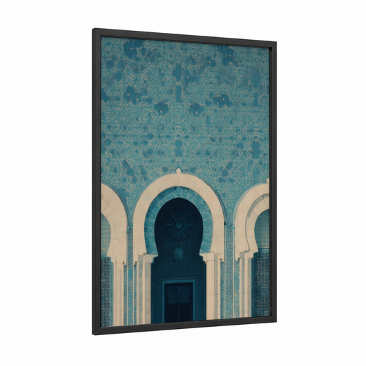 Geometric Mosque framed art print — black wood frame — teal and cream palette