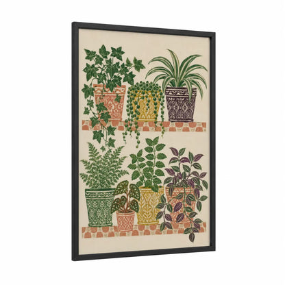 Decorative Potted Plants Wall Art framed art print — black wood frame — green and beige palette