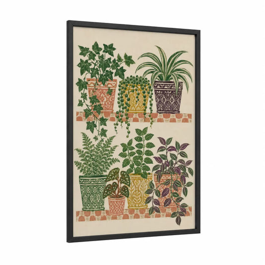 Decorative Potted Plants Wall Art framed art print — black wood frame — green and beige palette