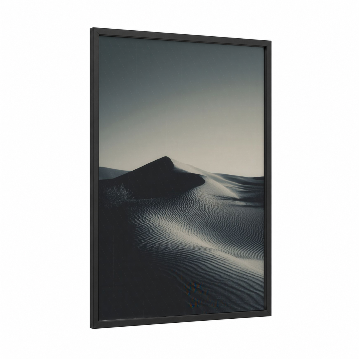 Dune Shadows framed sandy beach print — black wood frame — black and white and dove gray palette