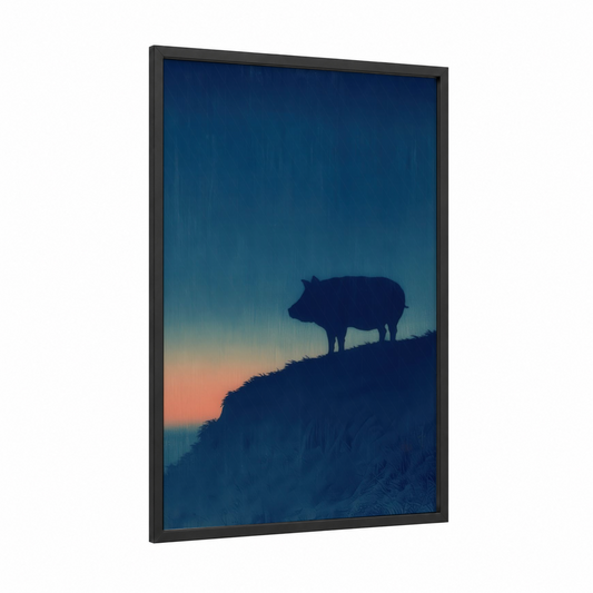 Hilltop Pig Silhouette framed art print — black wood frame — dark blue and orange palette