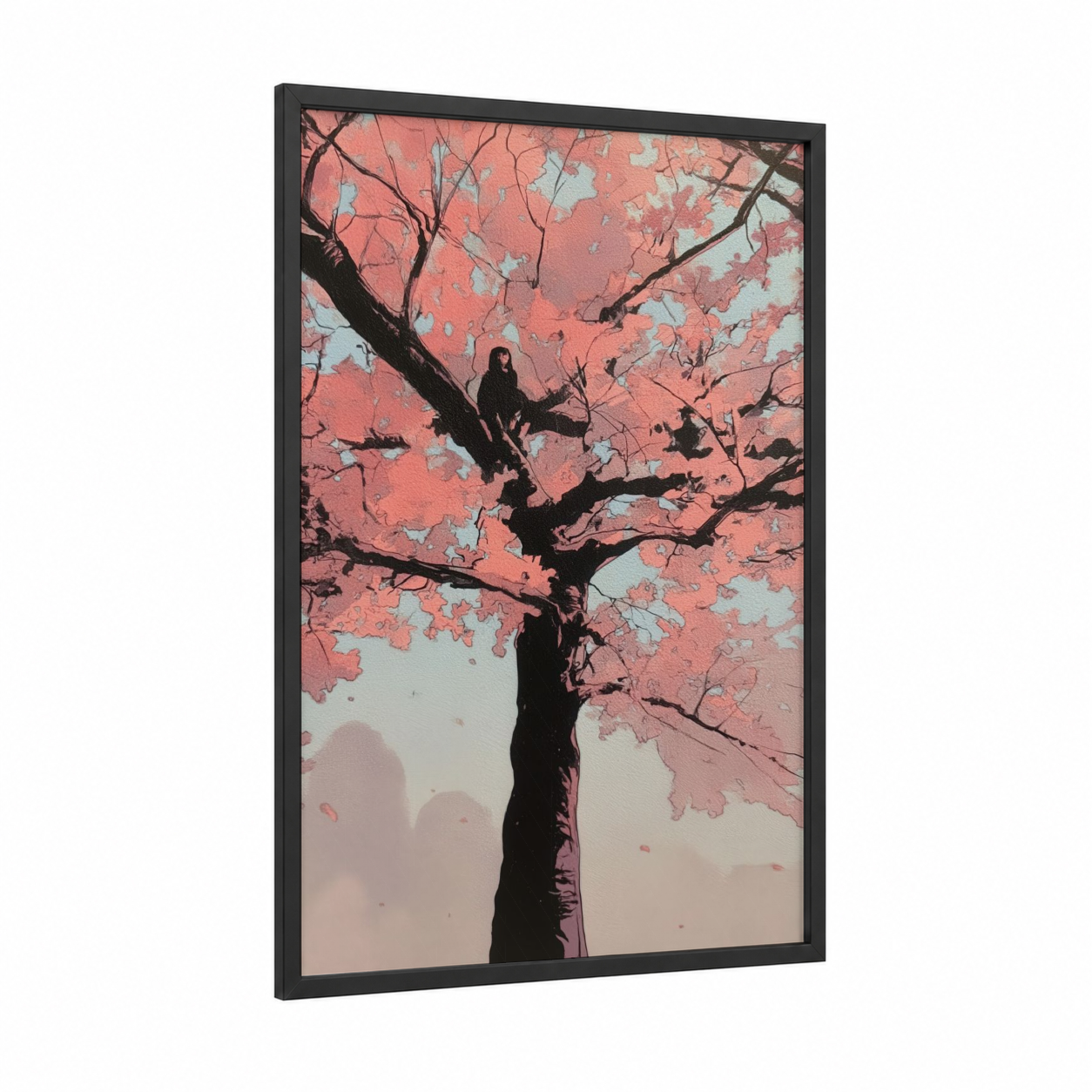 Coral Cherry Blossoms framed art print — black wood frame — pink and blue and white palette
