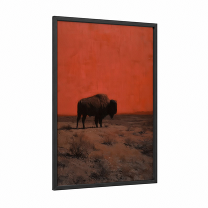 Crimson Bison framed art print — black wood frame — red and brown palette