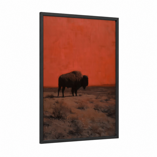 Crimson Bison framed art print — black wood frame — red and brown palette