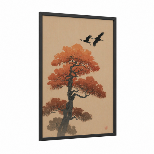 Autumn Cedar framed cedar tree print — black wood frame — russet and cream palette