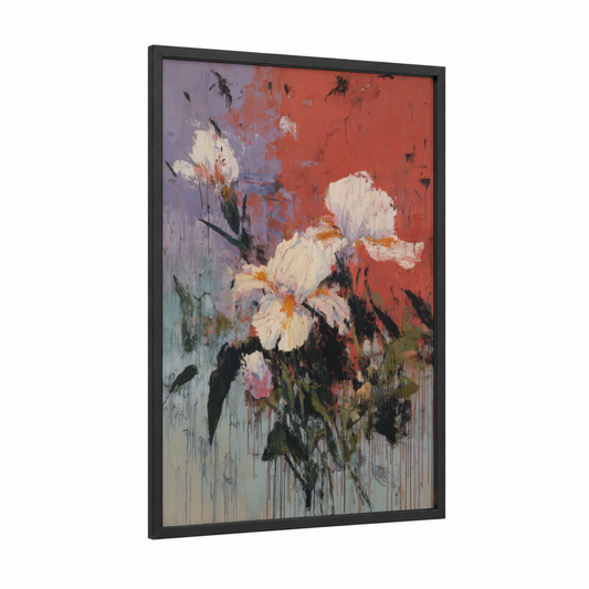 Crimson Iris Bloom framed art print — black wood frame — red and white palette