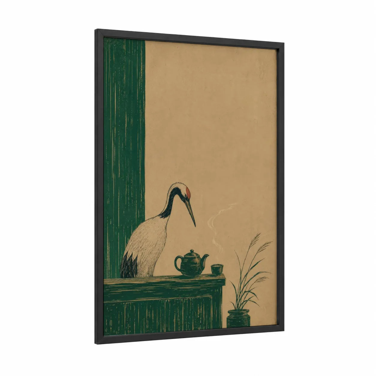 Japanese Crane Tea Ceremony Wall Art framed art print — black wood frame — green and beige palette