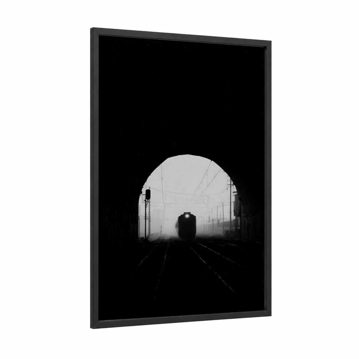 Tunnel Arrival framed subway print — black wood frame — black and white and gray palette