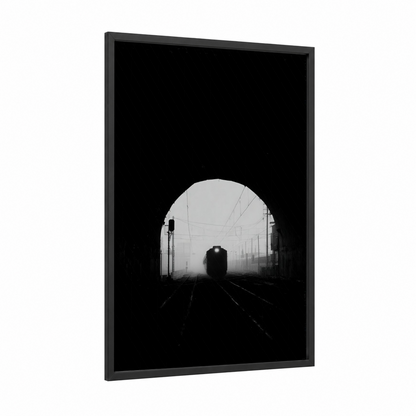 Tunnel Arrival framed subway print — black wood frame — black and white and gray palette