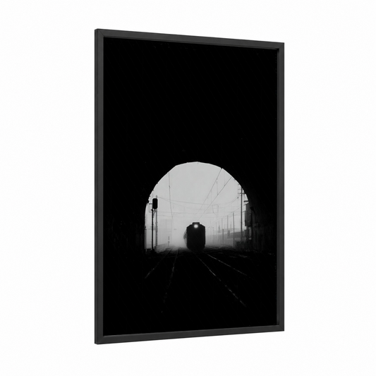 Tunnel Arrival framed subway print — black wood frame — black and white and gray palette