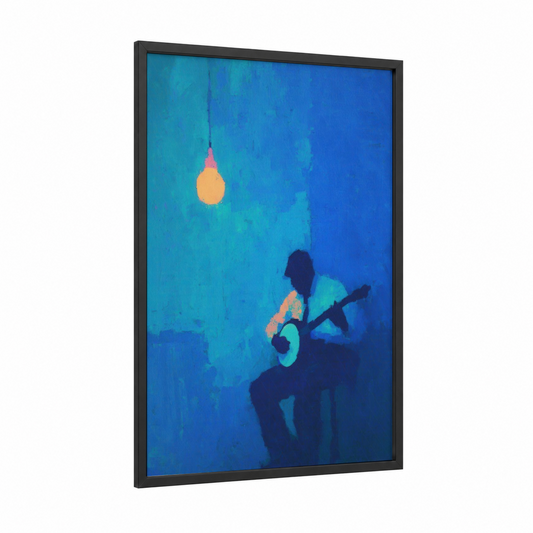 Midnight Musician framed banjo print — black wood frame — blue and gold palette