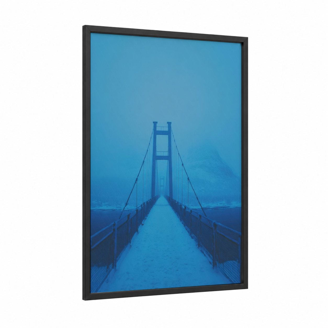 Misty Suspension Bridge framed bridges print — black wood frame — blue and teal palette