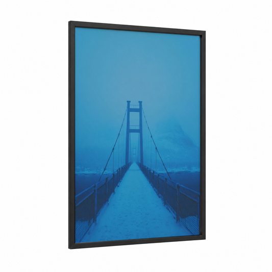 Misty Suspension Bridge framed bridges print — black wood frame — blue and teal palette