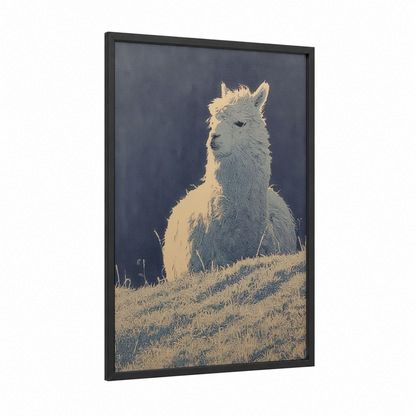 Serene Alpaca framed art print — black wood frame — cream and dove gray palette