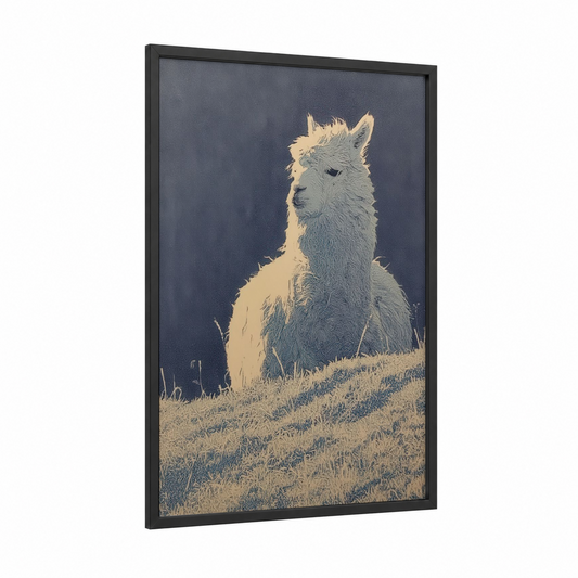 Serene Alpaca framed art print — black wood frame — cream and dove gray palette