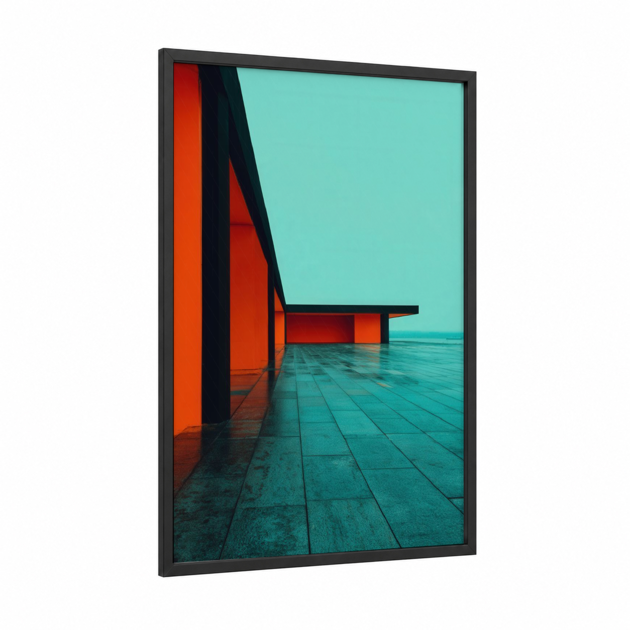 Crimson Waterfront framed abstract architecture print — black wood frame — red and turquoise palette