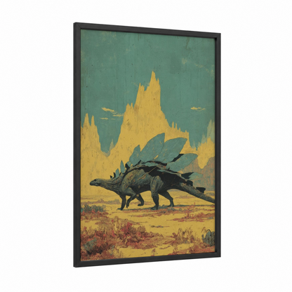 Stegosaurus Desert framed dinosaur print — black wood frame — yellow gold and teal palette