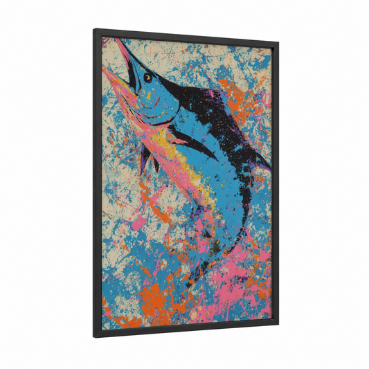 Electric Marlin framed blue marlin print — black wood frame — blue and magenta palette
