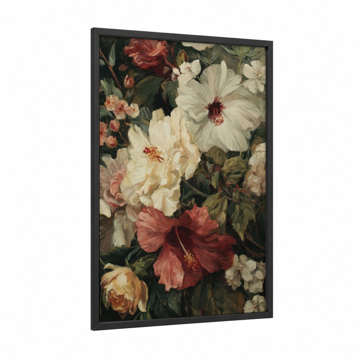 Garden Hibiscus Medley framed art print — black wood frame — cream and maroon palette